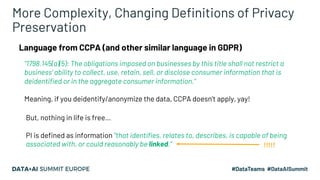 More Complexity, Changing Definitions of Privacy
Preservation
Language from CCPA (and other similar language in GDPR)
“179...