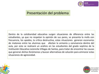 Presentación del problema 
Dentro de la cotidianidad educativa surgen situaciones de diferencia entre las 
estudiantes, ya que no respetan la opinión de sus pares, se presenta la mofa con 
frecuencia, los apodos, la crítica destructiva, estas situaciones generan escenarios 
de matoneo entre las alumnas que afectan la armonía y convivencia dentro del 
aula, por esto se realizará un análisis en las estudiantes del grado septimo de la 
Institución Educativa Lorencita Villegas de Santos, para tratar de encontrar las causas 
que generan dichos fenómenos y buscar alternativas de solución para aminorar estas 
situaciones de agresividad. 
 