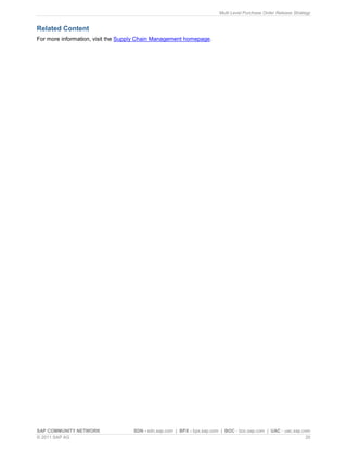 Multi Level Purchase Order Release Strategy
SAP COMMUNITY NETWORK SDN - sdn.sap.com | BPX - bpx.sap.com | BOC - boc.sap.com | UAC - uac.sap.com
© 2011 SAP AG 20
Related Content
For more information, visit the Supply Chain Management homepage.
 