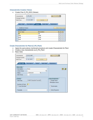 Multi Level Purchase Order Release Strategy
SAP COMMUNITY NETWORK SDN - sdn.sap.com | BPX - bpx.sap.com | BOC - boc.sap.com | UAC - uac.sap.com
© 2011 SAP AG 7
Characteristic Creation Values
 Create Char Z_PO_DOC (Values)
Create Characteristic for Plant (Z_PO_Plant)
 Apply the same above mentioned procedure and create Characteristic for Plant
 Create a new characteristic as Z_PO_Plant
 Basic Data
 