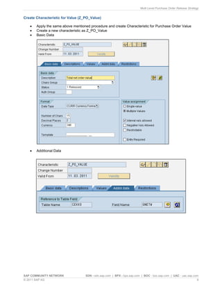 Multi Level Purchase Order Release Strategy
SAP COMMUNITY NETWORK SDN - sdn.sap.com | BPX - bpx.sap.com | BOC - boc.sap.com | UAC - uac.sap.com
© 2011 SAP AG 9
Create Characteristic for Value (Z_PO_Value)
 Apply the same above mentioned procedure and create Characteristic for Purchase Order Value
 Create a new characteristic as Z_PO_Value
 Basic Data
 Additional Data
 