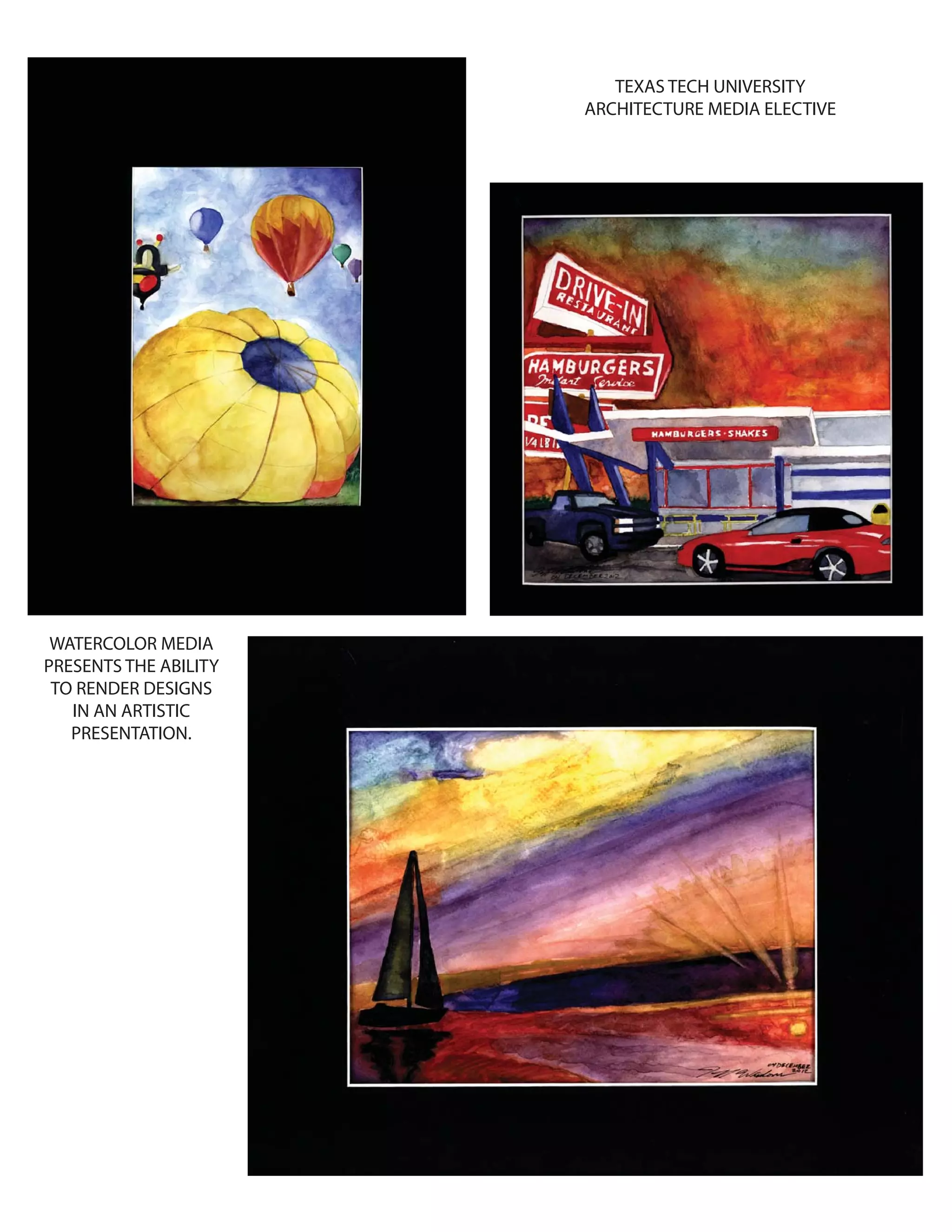 BUILDING THE SURF
PRIMARY
SECONDARY
TERTIARY
COMPOSITE
Within this project, I chose to look at the pavillion as a constructed form of
a wave, sandwiched between two boards. This viewport i have chosen to
view this structure in, shows the depth of waves crashing, and rising again.
I started out analyzing the flow paterns of the center structure, as it alows
the viewer to see the depth in the building. I saw the wave patern as
a never ending curve. The brighter area’s are represented by the offset of
six lines, where as the areas in shade are represented by twelve lines offset.
i have then increased the study to add heighth. Then I went in and created
variations in the control points to edit the width, length of the model.
I layed out the orientation of the different pieces like a wave across the
paper beginning with the initial image, moving onto the initial wave patterns
and ending with the final model. I have chosen to keep the initial picture
and the final model as the only pieces in color to increase the viewers
attention to the starting point and the finished product.
TEXAS TECH UNIVERSITY
ARCHITECTURE MEDIA ELECTIVE
WATERCOLOR MEDIA
PRESENTS THE ABILITY
TO RENDER DESIGNS
IN AN ARTISTIC
PRESENTATION.
 