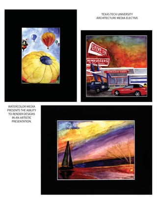 BUILDING THE SURF
PRIMARY
SECONDARY
TERTIARY
COMPOSITE
Within this project, I chose to look at the pavillion as a constructed form of
a wave, sandwiched between two boards. This viewport i have chosen to
view this structure in, shows the depth of waves crashing, and rising again.
I started out analyzing the flow paterns of the center structure, as it alows
the viewer to see the depth in the building. I saw the wave patern as
a never ending curve. The brighter area’s are represented by the offset of
six lines, where as the areas in shade are represented by twelve lines offset.
i have then increased the study to add heighth. Then I went in and created
variations in the control points to edit the width, length of the model.
I layed out the orientation of the different pieces like a wave across the
paper beginning with the initial image, moving onto the initial wave patterns
and ending with the final model. I have chosen to keep the initial picture
and the final model as the only pieces in color to increase the viewers
attention to the starting point and the finished product.
TEXAS TECH UNIVERSITY
ARCHITECTURE MEDIA ELECTIVE
WATERCOLOR MEDIA
PRESENTS THE ABILITY
TO RENDER DESIGNS
IN AN ARTISTIC
PRESENTATION.
 