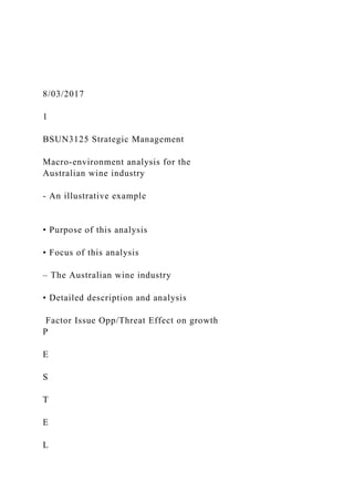 8/03/2017
1
BSUN3125 Strategic Management
Macro-environment analysis for the
Australian wine industry
- An illustrative example
• Purpose of this analysis
• Focus of this analysis
– The Australian wine industry
• Detailed description and analysis
Factor Issue Opp/Threat Effect on growth
P
E
S
T
E
L
 