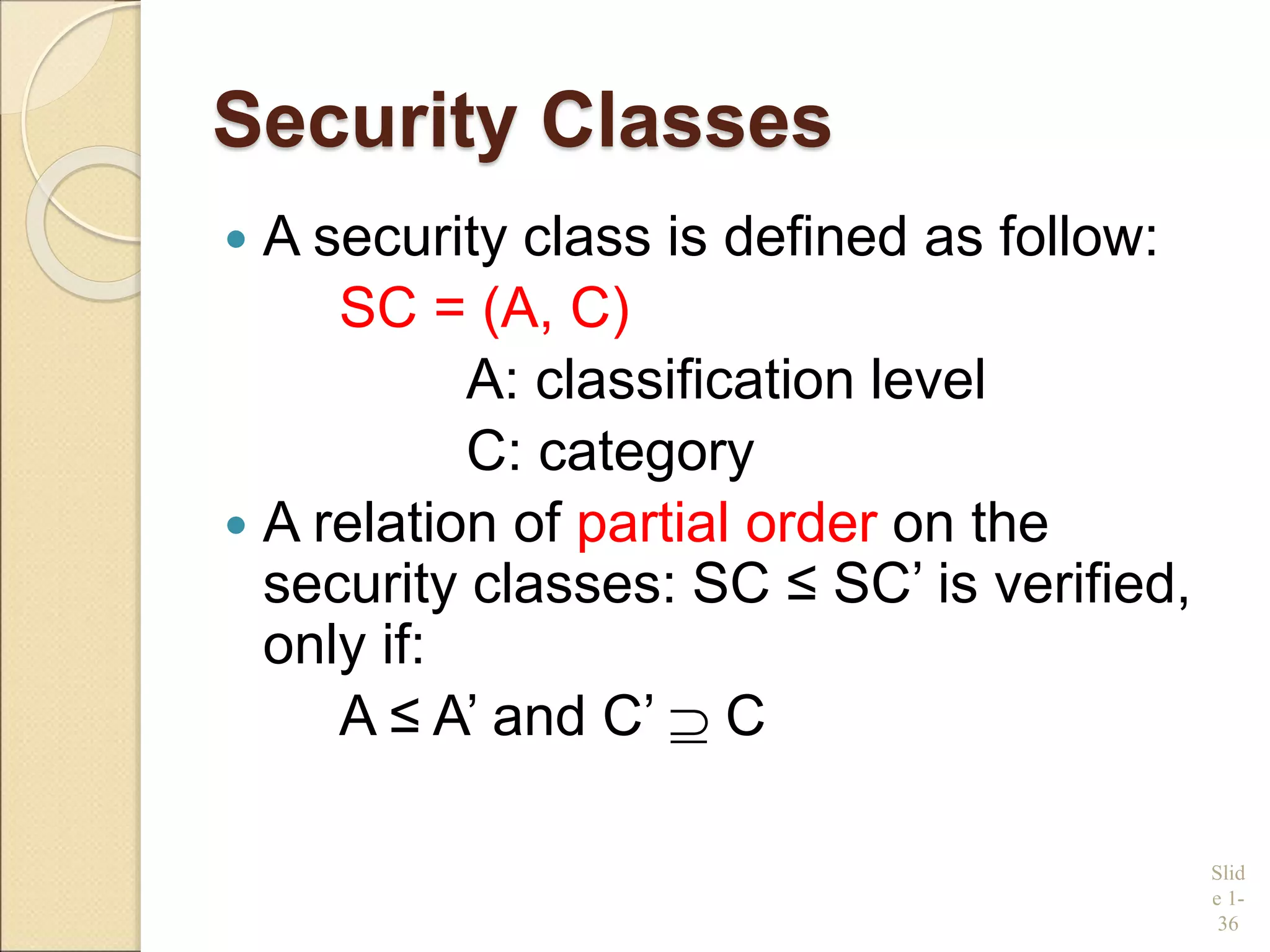 Security Classes
 A security class is defined as follow:
SC = (A, C)
A: classification level
C: category
 A relation of partial order on the
security classes: SC ≤ SC’ is verified,
only if:
A ≤ A’ and C’  C
Slid
e 1-
36
 