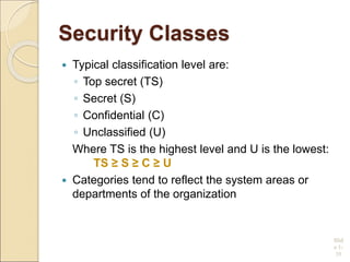 Security Classes
 Typical classification level are:
◦ Top secret (TS)
◦ Secret (S)
◦ Confidential (C)
◦ Unclassified (U)
Where TS is the highest level and U is the lowest:
TS ≥ S ≥ C ≥ U
 Categories tend to reflect the system areas or
departments of the organization
Slid
e 1-
35
 