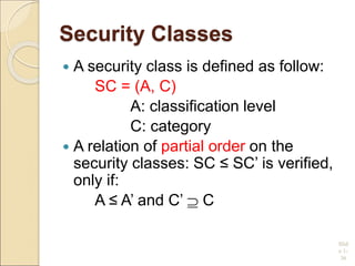 Security Classes
 A security class is defined as follow:
SC = (A, C)
A: classification level
C: category
 A relation of partial order on the
security classes: SC ≤ SC’ is verified,
only if:
A ≤ A’ and C’  C
Slid
e 1-
36
 