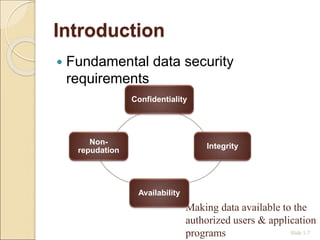 Introduction
Slide 1-7
 Fundamental data security
requirements
Confidentiality
Integrity
Availability
Non-
repudation
Making data available to the
authorized users & application
programs
 