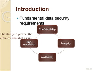 Introduction
Slide 1-8
 Fundamental data security
requirements
Confidentiality
Integrity
Availability
Non-
repudation
The ability to prevent the
effective denial of an act.
 