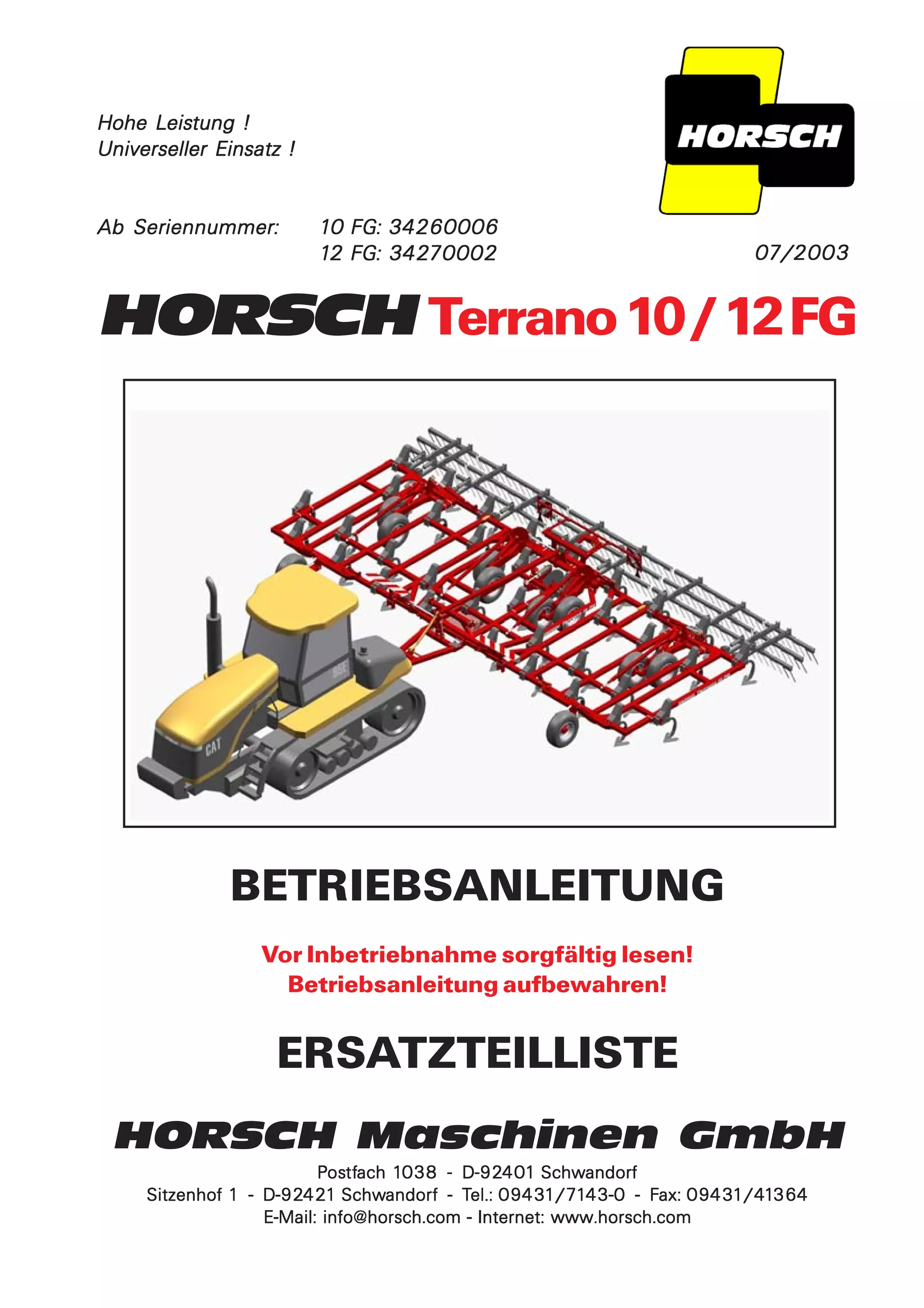 Horsch Terrano 10/12 FG parts catalog PDF