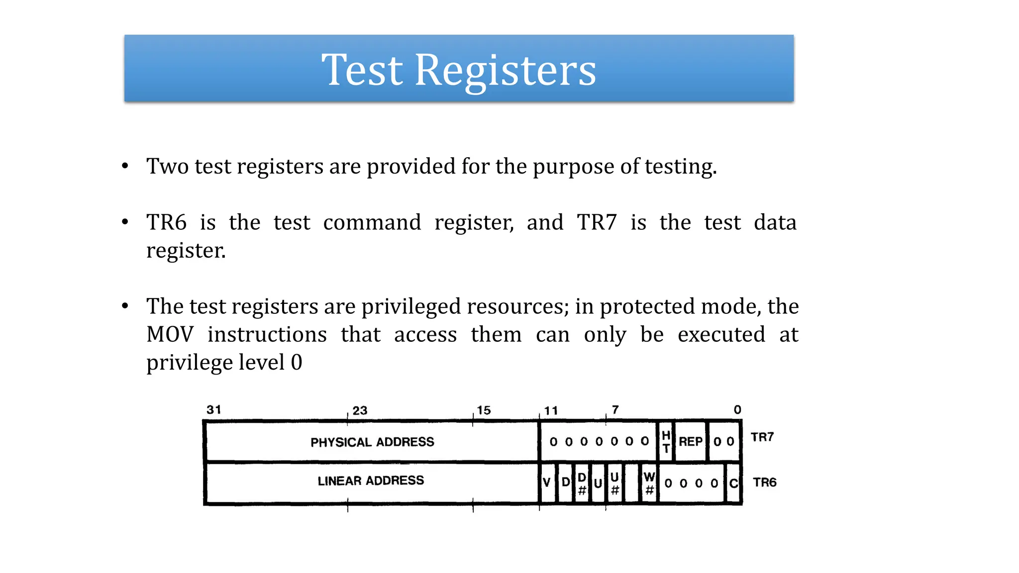 Test Registers
• Two test registers are provided for the purpose of testing.
• TR6 is the test command register, and TR7 is the test data
register.
• The test registers are privileged resources; in protected mode, the
MOV instructions that access them can only be executed at
privilege level 0
 