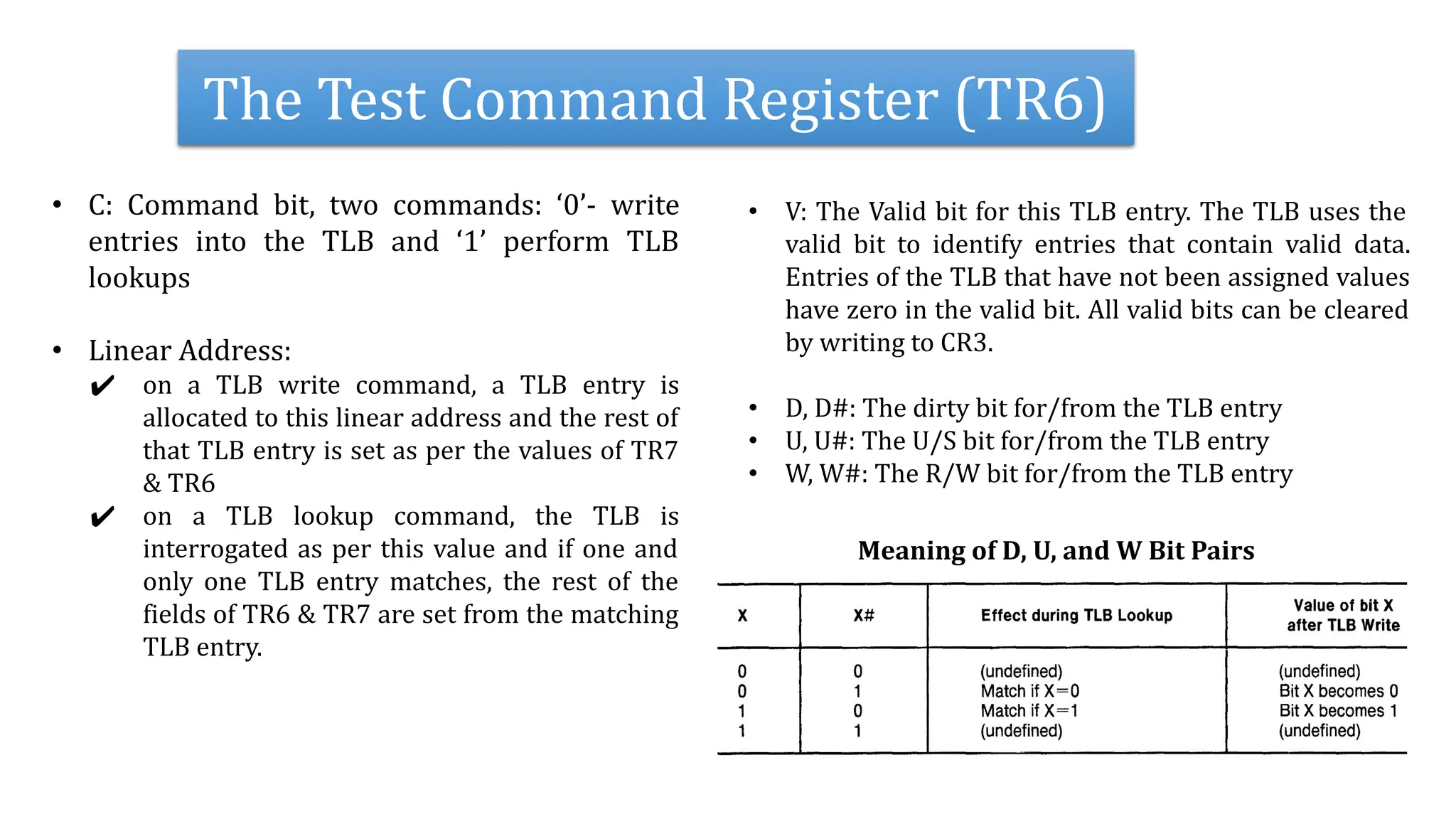 The Test Command Register (TR6)
• C: Command bit, two commands: ‘0’- write
entries into the TLB and ‘1’ perform TLB
lookups
• Linear Address:
✔ on a TLB write command, a TLB entry is
allocated to this linear address and the rest of
that TLB entry is set as per the values of TR7
& TR6
✔ on a TLB lookup command, the TLB is
interrogated as per this value and if one and
only one TLB entry matches, the rest of the
fields of TR6 & TR7 are set from the matching
TLB entry.
• V: The Valid bit for this TLB entry. The TLB uses the
valid bit to identify entries that contain valid data.
Entries of the TLB that have not been assigned values
have zero in the valid bit. All valid bits can be cleared
by writing to CR3.
• D, D#: The dirty bit for/from the TLB entry
• U, U#: The U/S bit for/from the TLB entry
• W, W#: The R/W bit for/from the TLB entry
Meaning of D, U, and W Bit Pairs
 