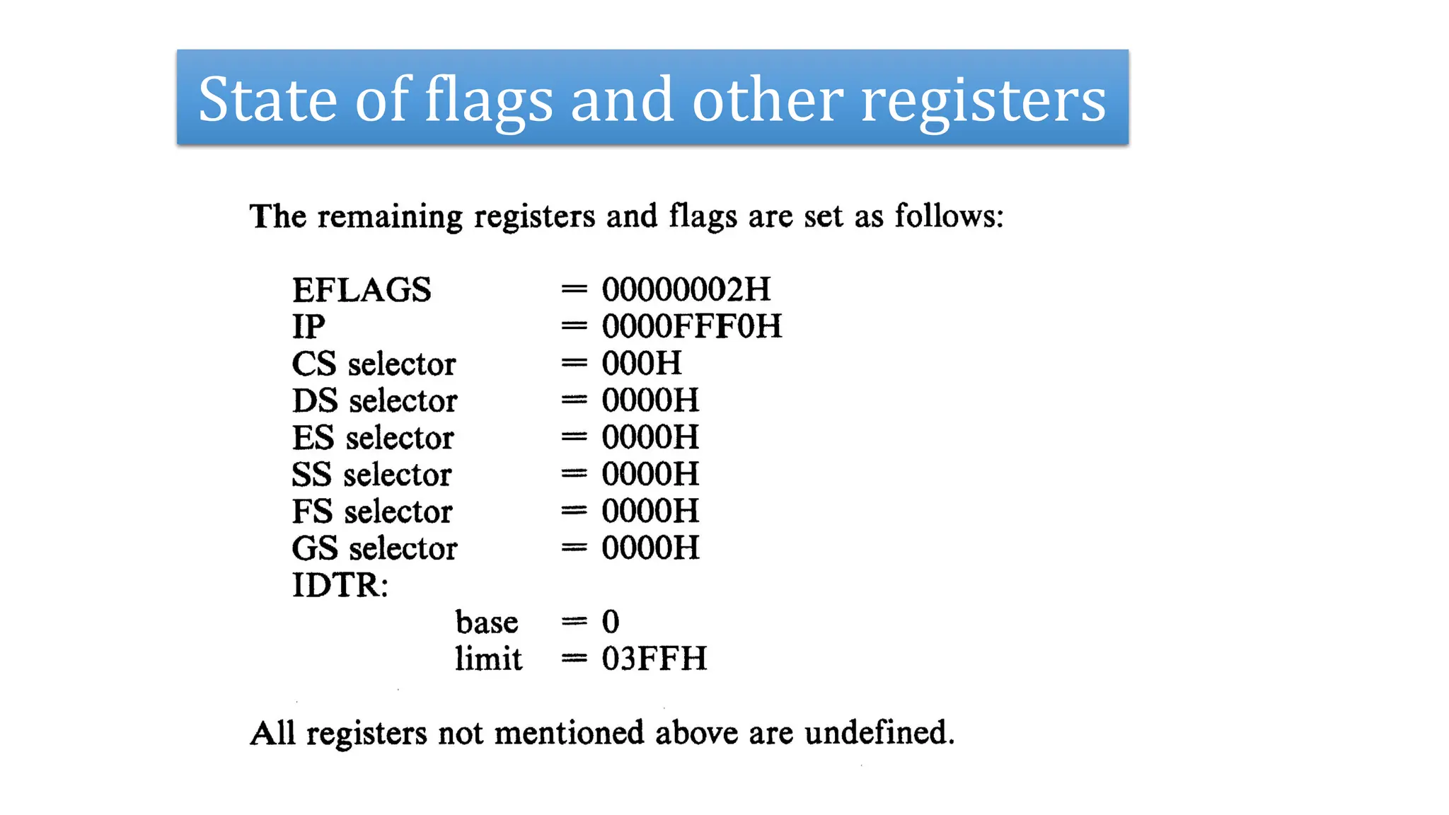State of flags and other registers
 