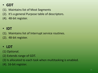 • GDT
(1). Maintains list of Most Segments
(2). It’s a general Purpose table of descriptors.
(4). 48-bit register.


• IDT
(1). Maintains list of Interrupt service routines.
(2). 48-bit register.

• LDT
(1) Optional.
(2) Extends range of GDT.
(3) Is allocated to each task when multitasking is enabled.
(4). 16-bit register.
                                                              21
 
