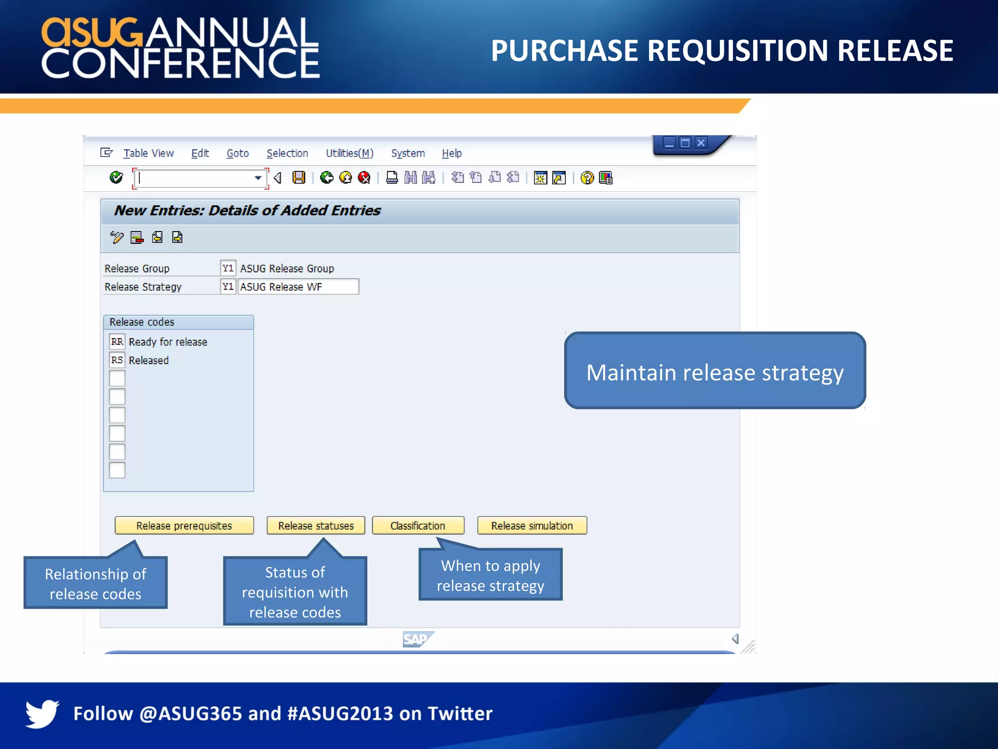 PURCHASE REQUISITION RELEASE
Maintain release strategy
Relationship of
release codes
Status of
requisition with
release codes
When to apply
release strategy
 