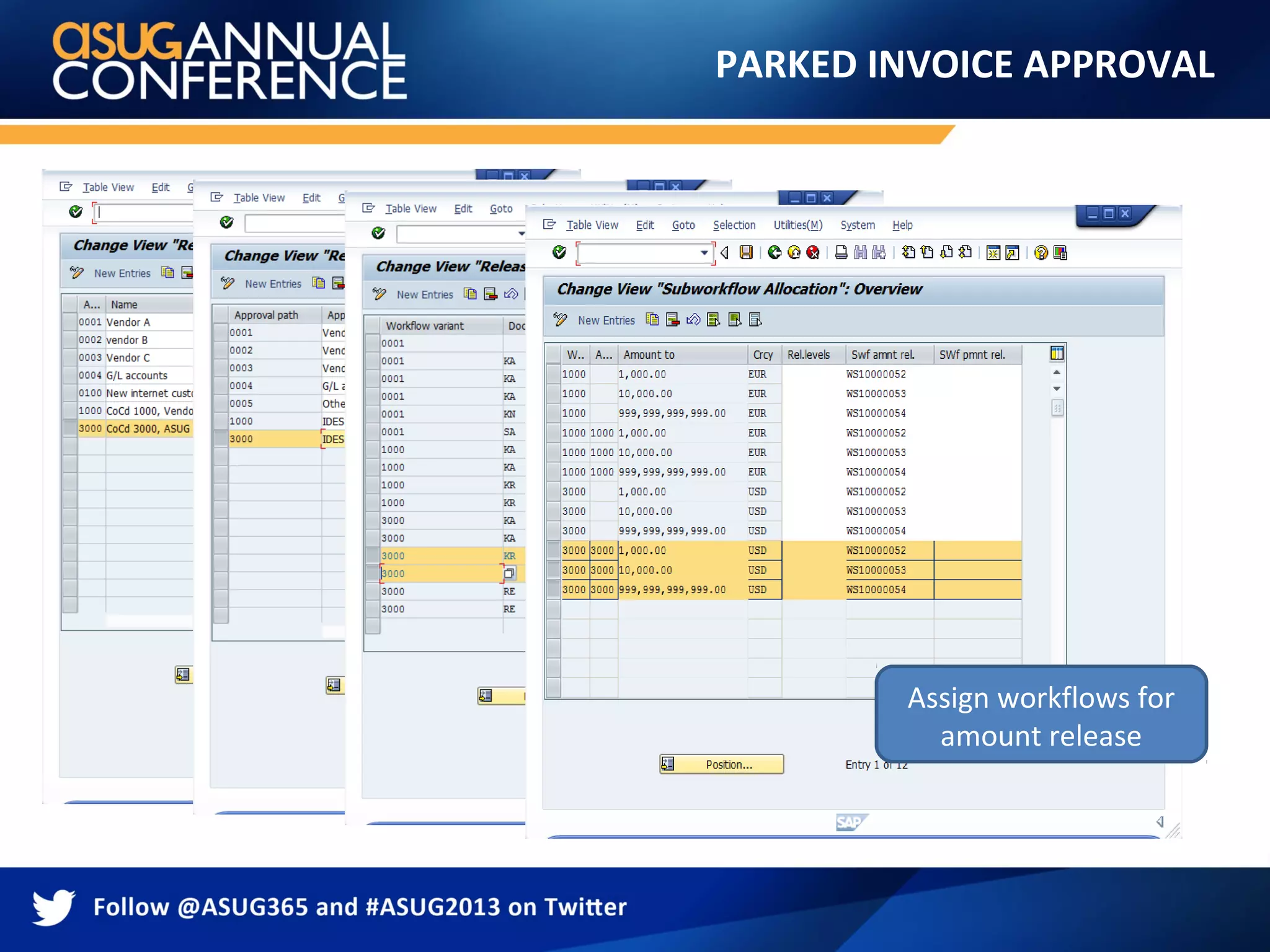 PARKED INVOICE APPROVAL
Define release group and
assign to vendor master
Maintain release
approval path Assign approval path to
workflow variant and
release group
Assign workflows for
amount release
 