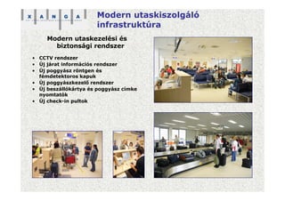 Modern utaskiszolgáló
infrastruktúra
Modern utaskezelési és
biztonsági rendszer
• CCTV rendszer
• Új járat információs rendszer
• Új poggyász röntgen és
fémdetektoros kapuk
• Új poggyászkezelő rendszer
• Új beszállókártya és poggyász címke
nyomtatók
• Új check-in pultok
 