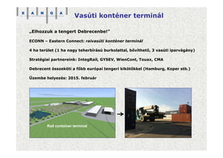 Vasúti konténer terminál
„Elhozzuk a tengert Debrecenbe!”
ECONN – Eastern Connect: raivasúti konténer terminál
4 ha terület (1 ha nagy teherbírású burkolattal, bővíthető, 3 vasúti iparvágány)
Stratégiai partnereink: IntegRail, GYSEV, WienCont, Touax, CMA
Debrecent összeköti a főbb európai tengeri kikötőkkel (Hamburg, Koper stb.)
Üzembe helyezés: 2015. február
Rail container terminal
 