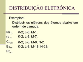 DISTRIBUIÇÃO ELETRÔNICA
Exemplos:
Distribuir os elétrons dos átomos abaixo em
ordem de camada:
Na11
Cl17
Ca20
Ba56
Pb82
K-...