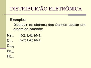 DISTRIBUIÇÃO ELETRÔNICA
Exemplos:
Distribuir os elétrons dos átomos abaixo em
ordem de camada:
Na11
Cl17
Ca20
Ba56
Pb82
K-...