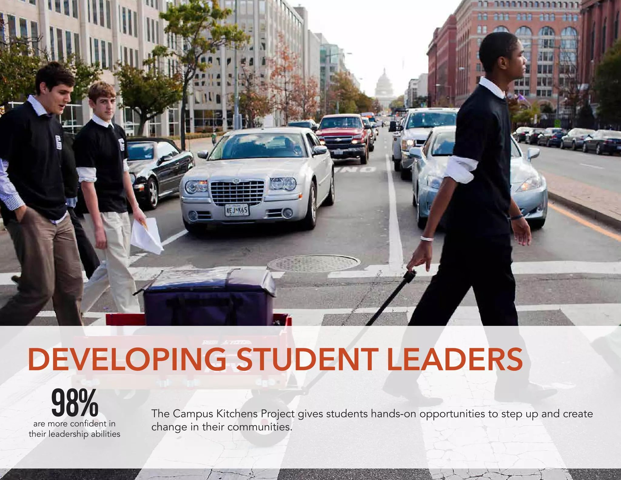 The Campus Kitchens Project gives students hands-on opportunities to step up and create
change in their communities.
DEVELOPING STUDENT LEADERS
98%are more confident in
their leadership abilities
 