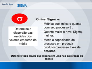 Lean Six Sigma
SIGMA
Defeito é tudo aquilo que resulta em uma não satisfação do
cliente
s
Determina a
dispersão das
medidas dos
valores em torno da
média
O nível Sigma é:
– Métrica que indica o quanto
bom seu processo é .
– Quanto maior o nível Sigma,
melhor.
– Mede a capacidade do
processo em produzir
produtos/processo livre de
defeitos.
 