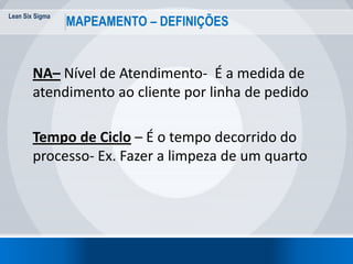 Lean Six Sigma
48
MAPEAMENTO – DEFINIÇÕES
NA– Nível de Atendimento- É a medida de
atendimento ao cliente por linha de pedido
Tempo de Ciclo – É o tempo decorrido do
processo- Ex. Fazer a limpeza de um quarto
 