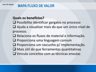 Lean Six Sigma
59
MAPA FLUXO DE VALOR
Quais os benefícios?
 Possibilita identificar gargalos no processo
 Ajuda a visualizar mais do que um único nível de
processo.
 Relaciona os fluxos de material e informação.
 Proporciona uma linguagem comum
 Proporciona um rascunho p/ implementação.
 Mais útil do que ferramentas quantitativas
 Vincula conceitos com as técnicas enxutas
 
