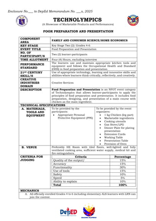 Enclosure No.___ to DepEd Memorandum No. ___s, 2025
TECHNOLYMPICS
(A Showcase of Marketable Products and Performances)
FOOR PREPARATION AND PRESENTATION
COMPONENT
AREA
FAMILY AND CONSUMER SCIENCE/HOME ECONOMICS
KEY STAGE Key Stage Two (2): Grades 4-6
EVENT TITLE Food Preparation and Presentation
NO. OF
PARTICIPANT/S
Two (2) learner-participants
TIME ALLOTMENT Four (4) Hours, excluding interview
PERFORMANCE
STANDARD
The learners use and maintain appropriate kitchen tools and
equipment and follows the Occupational Health and Standard
(OHS) in food preparation and presentation.
21ST CENTURY
SKILL/S
Use of appropriate technology, learning and innovative skills and
abilities where learners think critically, reflectively, and creatively.
CREATIVE
INDUSTRIES
DOMAIN
Creative Services
DESCRIPTION Food Preparation and Presentation is an NFOT event category
of Technolympics that allows learner-participants to apply the
principles of food preparation and presentation. It includes food
preparation, designing, and presentation of a main course with
chicken as the main ingredient.
TECHNICAL SPECIFICATIONS
A. MATERIALS,
TOOLS AND
EQUIPMENT
To be provided by the
participants:
• Appropriate Personal
Protective Equipment (PPE)
To be provided by the event
organizers:
• 1 kg Chicken (leg part)
• Marketable ingredients
• Cooking utensils
• Gas Stove/LPG
• Dinner Plate for plating
presentation
• Extension Cords
• Working Table
• Presentation Table
• Provision of Oven
B. VENUE Preferably HE Room with tiled floors, well-lighted and fully
ventilated cooking area, sufficient water supply, medical kit and
fire extinguishers.
CRITERIA FOR
JUDGING
Criteria Percentage
Quality of the output/ 15%
Accuracy 15%
Functionality 30%
Use of tools 15%
Safety 10%
Speed 5%
Ability to explain 10%
Total 100%
MECHANICS
A. All officially enrolled Grades 4 to 6 including elementary ALS learners with LRN can
join the contest.
 