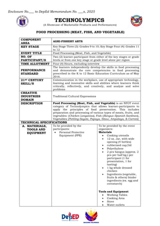 Enclosure No.___ to DepEd Memorandum No. ___s, 2025
TECHNOLYMPICS
(A Showcase of Marketable Products and Performances)
FOOD PROCESSING (MEAT, FISH, AND VEGETABLE)
COMPONENT
AREA
AGRI-FISHERY ARTS
KEY STAGE Key Stage Three (3): Grades 9 to 10; Key Stage Four (4): Grades 11
to 12
EVENT TITLE Food Processing (Meat, Fish, and Vegetable)
NO. OF
PARTICIPANT/S
Two (2) learner-participant from either of the key stages or grade
levels or from one key stage or grade level alone per region
TIME ALLOTMENT Four (4) Hours, excluding interview
PERFORMANCE
STANDARD
The learners independently develop the skills in food processing
and demonstrate the core competencies in food processing
prescribed in the K to 12 Basic Education Curriculum as of May
2016.
21ST CENTURY
SKILL/S
Communication in the workplace, use of appropriate technology,
learning and innovative skills and abilities where learners think
critically, reflectively, and creatively, and analyze and solve
problems
CREATIVE
INDUSTRIES
DOMAIN
Traditional Cultural Expressions
DESCRIPTION Food Processing (Meat, Fish, and Vegetable) is an NFOT event
category of Technolympics that allows learner-participants to
apply the principles of food preservation. This includes
preparation and processing of various types of meats, fruits, and
vegetables: (Chicken Longanisa), Fish (Bangus–Spanish Sardines),
Vegetables (Pickling-Sayote, Papaya, Sitaw, Ampalaya, & Carrots)
TECHNICAL SPECIFICATIONS
A. MATERIALS,
TOOLS AND
EQUIPMENT
To be provided by the
participants:
• Personal Protective
Equipment (PPE)
To be provided by the event
organizers:
Materials
• Cooking utensils
• 12 oz. Jar, with wide
opening (4 bottles)
• rubberized cap/lid
• Polyethylene
• 2 pcs bangus (approx. 2
pcs per half kg.) per
participant (1 for
presentation, 1 for
tasting)
• 1 kg whole dressed
chicken
• Ingredients (vegetable,
fruits & others) binder
ingredients (ex. egg and
cornstarch)
Tools and Equipment
• Working Tables
• Cooking Area
• Stove
• Water outlets
 