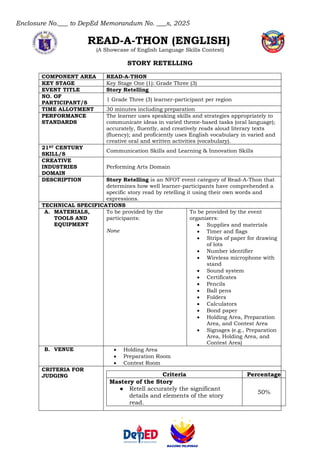 Enclosure No.___ to DepEd Memorandum No. ___s, 2025
READ-A-THON (ENGLISH)
(A Showcase of English Language Skills Contest)
STORY RETELLING
COMPONENT AREA READ-A-THON
KEY STAGE Key Stage One (1): Grade Three (3)
EVENT TITLE Story Retelling
NO. OF
PARTICIPANT/S
1 Grade Three (3) learner-participant per region
TIME ALLOTMENT 30 minutes including preparation
PERFORMANCE
STANDARDS
The learner uses speaking skills and strategies appropriately to
communicate ideas in varied theme-based tasks (oral language);
accurately, fluently, and creatively reads aloud literary texts
(fluency); and proficiently uses English vocabulary in varied and
creative oral and written activities (vocabulary).
21ST CENTURY
SKILL/S
Communication Skills and Learning & Innovation Skills
CREATIVE
INDUSTRIES
DOMAIN
Performing Arts Domain
DESCRIPTION Story Retelling is an NFOT event category of Read-A-Thon that
determines how well learner-participants have comprehended a
specific story read by retelling it using their own words and
expressions.
TECHNICAL SPECIFICATIONS
A. MATERIALS,
TOOLS AND
EQUIPMENT
To be provided by the
participants:
None
To be provided by the event
organizers:
• Supplies and materials
• Timer and flags
• Strips of paper for drawing
of lots
• Number identifier
• Wireless microphone with
stand
• Sound system
• Certificates
• Pencils
• Ball pens
• Folders
• Calculators
• Bond paper
• Holding Area, Preparation
Area, and Contest Area
• Signages (e.g., Preparation
Area, Holding Area, and
Contest Area)
B. VENUE • Holding Area
• Preparation Room
• Contest Room
CRITERIA FOR
JUDGING Criteria Percentage
Mastery of the Story
● Retell accurately the significant
details and elements of the story
read.
50%
 