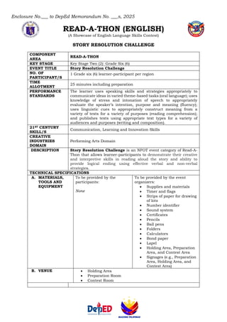 Enclosure No.___ to DepEd Memorandum No. ___s, 2025
READ-A-THON (ENGLISH)
(A Showcase of English Language Skills Contest)
STORY RESOLUTION CHALLENGE
COMPONENT
AREA
READ-A-THON
KEY STAGE Key Stage Two (2): Grade Six (6)
EVENT TITLE Story Resolution Challenge
NO. OF
PARTICIPANT/S
1 Grade six (6) learner-participant per region
TIME
ALLOTMENT
25 minutes including preparation
PERFORMANCE
STANDARDS
The learner uses speaking skills and strategies appropriately to
communicate ideas in varied theme-based tasks (oral language); uses
knowledge of stress and intonation of speech to appropriately
evaluate the speaker’s intention, purpose and meaning (fluency);
uses linguistic cues to appropriately construct meaning from a
variety of texts for a variety of purposes (reading comprehension);
and publishes texts using appropriate text types for a variety of
audiences and purposes (writing and composition).
21ST CENTURY
SKILL/S
Communication, Learning and Innovation Skills
CREATIVE
INDUSTRIES
DOMAIN
Performing Arts Domain
DESCRIPTION Story Resolution Challenge is an NFOT event category of Read-A-
Thon that allows learner-participants to demonstrate their creative
and interpretive skills in reading aloud the story and ability to
provide logical ending using effective verbal and non-verbal
strategies.
TECHNICAL SPECIFICATIONS
A. MATERIALS,
TOOLS AND
EQUIPMENT
To be provided by the
participants:
None
To be provided by the event
organizers:
• Supplies and materials
• Timer and flags
• Strips of paper for drawing
of lots
• Number identifier
• Sound system
• Certificates
• Pencils
• Ball pens
• Folders
• Calculators
• Bond paper
• Lapel
• Holding Area, Preparation
Area, and Contest Area
• Signages (e.g., Preparation
Area, Holding Area, and
Contest Area)
B. VENUE • Holding Area
• Preparation Room
• Contest Room
 