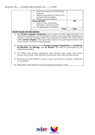 Enclosure No.___ to DepEd Memorandum No. ___s, 2025
• Observe accurate use of the foreign
language
• Balance presentation of ideas on the
presented picture/object
• Exhibit cultural sensitivity
Form and Style
• Observe rules of grammar,
mechanics, and punctuation
• Use appropriate vocabulary
30%
Total 100%
EVENT RULES AND MECHANICS
A. The Foreign Language Composition event is open to all Key Stage 3 (Grades 7 to
10) learner-participants who are officially enrolled in basic education offering Special
Program in Foreign Language (SPFL) duly recognized by DepEd. This shall be done
under contest category. Each region shall register one (1) participant (learner) and
one (1) teacher-coach per foreign language.
B. Foreign languages included in the Foreign Language Composition are (1) Spanish,
(2) Mandarin, (3) Nihongo, and (4) Korean. This shall be participated by the
implementing regions.
C. The NTWG shall provide participants with materials (pen, paper, and contest
picture/object/task). These shall be retrieved from them after the allotted time.
D. Participants are not allowed to bring a copy of any reference materials, cellphones,
or any gadgets.
E. Plain white t-shirt shall be worn by participants during the event.
 