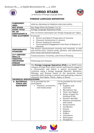 Enclosure No.___ to DepEd Memorandum No. ___s, 2025
LINGO STARS
(A Showcase of Foreign Language Skills)
FOREIGN LANGUAGE EXPOSITION
COMPONENT
AREA
SPECIAL PROGRAM IN FOREIGN LANGUAGE (SPFL)
KEY STAGE Key Stage Three (3) Grades 7 to 10
EVENT TITLE Foreign Language Exposition (FLE)
NO. OF
PARTICIPANT/S
One (1) learner-participant per foreign language per region
TIME ALLOTMENT 8 minutes
• Picture and Speech Preparation (3 minutes)
• Character Introduction (1 minute)
• Picture Analysis (2 minutes)
• Conversational Engagement with Panel of Experts (2
minutes)
PERFORMANCE
STANDARD
The learner communicates correctly and creatively, in oral
and written form, various words, phrases, and expressions
from visual and textual materials
21ST CENTURY
SKILL/S
Communication, Creativity, and Critical Thinking
CREATIVE
INDUSTRIES
DOMAIN
Performing Arts Domain
DESCRIPTION The Foreign Language Exposition (FLE) is an NFOT event
category of Lingo Stars where learner-participants engage in
a conversation and deliver a speech accurately and
creatively using a foreign language (Spanish, Mandarin,
Nihongo, and Korean) based on the presented visual
materials while wearing a costume and portraying a famous
character from Spain, China, Japan, or Korea.
TECHNICAL SPECIFICATIONS
A. MATERIALS,
TOOLS AND
EQUIPMENT
To be provided by the
participants:
• Costume, accessories,
and handy props
To be provided by the event
organizers:
• Supplies and
materials
• Microphone clip
• Timer and flaglets
• Strips of paper for
drawing of lots
• Number identifier
• Wireless microphone
with stand
• Sound system
• Certificates
• Pencils
• Ballpens
• Folders
• Calculators
• Bond paper
• Headphone
 
