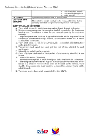 Enclosure No.___ to DepEd Memorandum No. ___s, 2025
• Tally board and marker
• Tally sheets/pen/pencil
• Video recorder
B. VENUE Gymnasium with bleachers, 1 holding room
CRITERIA FOR
JUDGING
There shall be one (1) point given for every Arabic letter that is
correctly identified and pronounced by learner-participants.
EVENT RULES AND MECHANICS
A. There shall be one (1) participant per region, Grade 2, male or female.
B. During the contest proper, the participants shall be seated at the designated
holding area. They should not see the process undergone by the contestant
on stage.
C. The participants take turns on stage to identify the letters engraved/cut on
illustration board within one (1) minute. The facilitator mixes the 28 letters
as they take their turns.
D. There shall be one (1) timekeeper/buzzer, one (1) recorder, one (1) tabulator
and a panel of judges.
E. Timekeeper shall signal the start and the end of time allotted for each
participant.
F. Missed letters shall not be counted.
G. Panel of judges shall confirm the number of the correctly identified Arabic
letters.
H. The recorder tallies the scores.
I. The corresponding time of each participant shall be flashed on the screen.
J. The three participants with the highest number of correctly identified Arabic
letters in a shortest recorded time shall be declared as the winner. There
shall be first, second and third winners. In case of tie, another round will be
administered.
K. The whole proceedings shall be recorded by the NTWG.
 