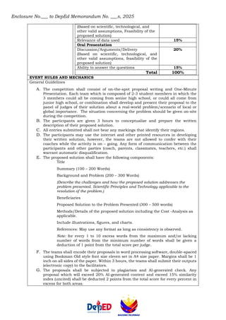 Enclosure No.___ to DepEd Memorandum No. ___s, 2025
(Based on scientific, technological, and
other valid assumptions, Feasibility of the
proposed solution)
Relevance of data used 15%
Oral Presentation
Discussion/Arguments/Delivery
(Based on scientific, technological, and
other valid assumptions, feasibility of the
proposed solution)
20%
Ability to answer the questions 15%
Total 100%
EVENT RULES AND MECHANICS
General Guidelines
A. The competition shall consist of on-the-spot proposal writing and One-Minute
Presentation. Each team which is composed of 2-3 student members in which the
3 members could all be coming from senior high school, or could all come from
junior high school, or combination shall develop and present their proposal to the
panel of judges of their solution about a real-world problem/scenario of local or
global importance. The situation concerning the problem should be given on-site
during the competition.
B. The participants are given 3 hours to conceptualize and prepare the written
description of their proposed solution.
C. All entries submitted shall not bear any markings that identify their regions.
D. The participants may use the internet and other printed resources in developing
their written solution, however, the teams are not allowed to confer with their
coaches while the activity is on – going. Any form of communication between the
participants and other parties (coach, parents, classmates, teachers, etc.) shall
warrant automatic disqualification.
E. The proposed solution shall have the following components:
Title
Summary (100 – 200 Words)
Background and Problem (200 – 300 Words)
(Describe the challenges and how the proposed solution addresses the
problem presented. Scientific Principles and Technology applicable to the
resolution of the problem.)
Beneficiaries
Proposed Solution to the Problem Presented (300 – 500 words)
Methods/Details of the proposed solution including the Cost -Analysis as
applicable.
Include illustrations, figures, and charts.
References: May use any format as long as consistency is observed.
Note: for every 1 to 10 excess words from the maximum and/or lacking
number of words from the minimum number of words shall be given a
deduction of 1 point from the total score per judge.
F. The teams shall encode their proposals in word processing software, double-spaced
using Bookman Old style font size eleven set in A4 size paper. Margins shall be 1
inch on all sides of the paper. Within 3 hours, the teams shall submit their outputs
(electronic copy) to the facilitators.
G. The proposals shall be subjected to plagiarism and AI-generated check. Any
proposal which will exceed 20% AI-generated content and exceed 15% similarity
index (uncited) shall be deducted 2 points from the total score for every percent in
excess for both areas.
 