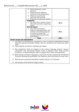 Enclosure No.___ to DepEd Memorandum No. ___s, 2025
• Facial expression, hand
gestures.
• Emphasized the different
elements of the performance.
• Words are pronounced
distinctly and correctly.
• Projection of authentic emotion.
Originality
• The piece has a unique central
idea and innovative supporting
points.
10 %
Over-all Impact
• Voice and articulation,
dramatic appropriateness, and
evidence of understanding are
in unison to convey the
message effectively and with
great impact.
10 %
Total 100%
EVENT RULES AND MECHANICS
A. The Speak Up! (Impromptu) competition is open to all Senior High School learners,
both from private and public schools, who are enrolled for the school year 2024-
2025.
B. There shall be one learner-contestant per region.
C. The competition shall use English as the primary language however, learner-
contestants may incorporate Filipino terms or phrases when citing sources,
quotations, or emphasizing key ideas to support their claims and arguments.
D. Each learner-contestant shall draw a topic from the box prepared by the National
Technical Working Group (NTWG). The moderator shall read aloud the topic twice.
E. Each learner-contestant shall deliver his/her speech in 2-3 minutes.
F. The decision of the Board of Judges is final.
 