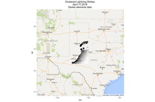 27
30
33
36
−105 −100 −95
lon
lat
Clustered Lightning Strikes
April 17,2016
Darker elements later.
 