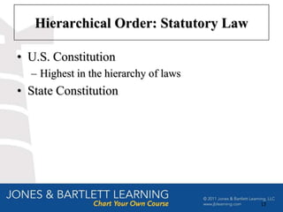 Hierarchical Order: Statutory Law

• U.S. Constitution
  – Highest in the hierarchy of laws
• State Constitution




                                       13
 