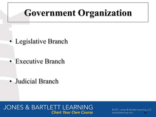 Government Organization

• Legislative Branch

• Executive Branch

• Judicial Branch



                               16
 