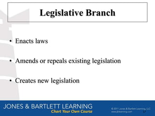 Legislative Branch

• Enacts laws

• Amends or repeals existing legislation

• Creates new legislation



                                           17
 