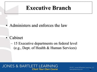 Executive Branch

• Administers and enforces the law

• Cabinet
  – 15 Executive departments on federal level
    (e.g., Dept. of Health & Human Services)




                                                18
 