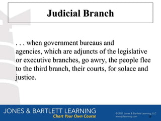 Judicial Branch

. . . when government bureaus and
agencies, which are adjuncts of the legislative
or executive branches, go awry, the people flee
to the third branch, their courts, for solace and
justice.




                                                19
 