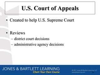 U.S. Court of Appeals
• Created to help U.S. Supreme Court

• Reviews
  – district court decisions
  – administrative agency decisions




                                       22
 