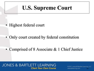 U.S. Supreme Court

• Highest federal court

• Only court created by federal constitution

• Comprised of 8 Associate & 1 Chief Justice



                                               23
 