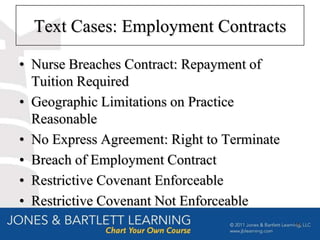 Text Cases: Employment Contracts

• Nurse Breaches Contract: Repayment of
  Tuition Required
• Geographic Limitations on Practice
  Reasonable
• No Express Agreement: Right to Terminate
• Breach of Employment Contract
• Restrictive Covenant Enforceable
• Restrictive Covenant Not Enforceable
                                             16
 