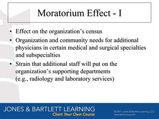 Moratorium Effect - I
• Effect on the organization’s census
• Organization and community needs for additional
  physicians in certain medical and surgical specialties
  and subspecialties
• Strain that additional staff will put on the
  organization’s supporting departments
  (e.g., radiology and laboratory services)




                                                           22
 