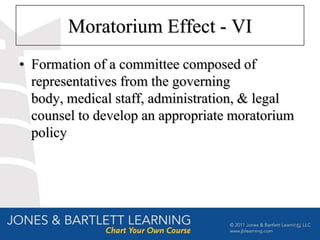 Moratorium Effect - VI
• Formation of a committee composed of
  representatives from the governing
  body, medical staff, administration, & legal
  counsel to develop an appropriate moratorium
  policy




                                                 27
 