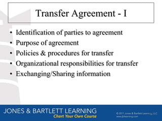 Transfer Agreement - I
•   Identification of parties to agreement
•   Purpose of agreement
•   Policies & procedures for transfer
•   Organizational responsibilities for transfer
•   Exchanging/Sharing information




                                                   31
 