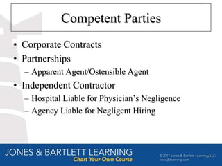 Competent Parties
• Corporate Contracts
• Partnerships
  – Apparent Agent/Ostensible Agent
• Independent Contractor
  – Hospital Liable for Physician’s Negligence
  – Agency Liable for Negligent Hiring




                                                 9
 